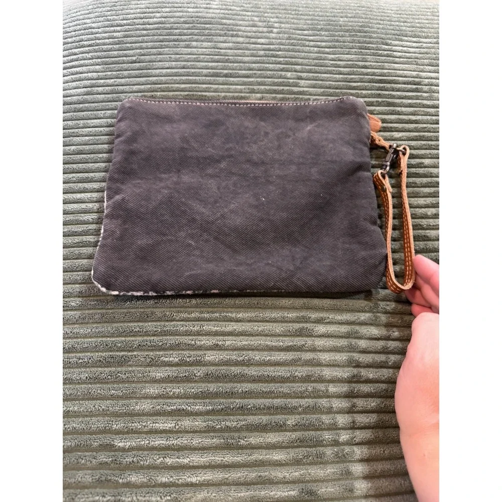 Myra Bag‎ Leather Tooled Canvas Clutch Wristlet Tassel Zipper Pouch Boho